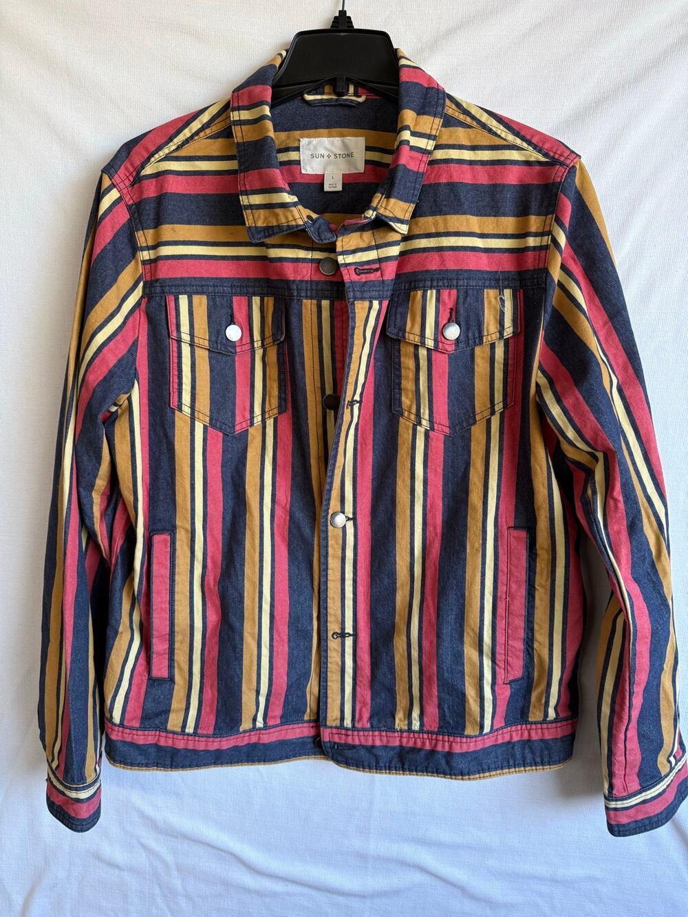 Sun + Stone Men's Hermosa Stripe Trucker Jacket.
